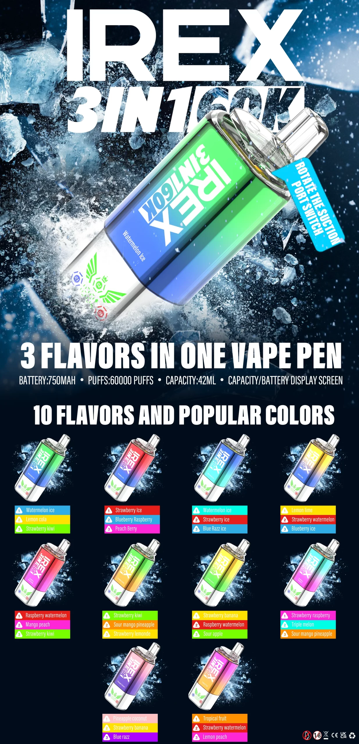 battery:750mah puffs:60000 puffs capacity:42ml capacity/battery display screen 3 flavors in one vape pen Rotate Toggle Flavor